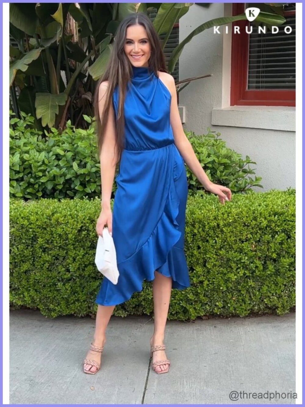 Satin Mock Neck Wrap Midi Dress Sleeveless Wedding Guest Formal - Picture 6 of 6